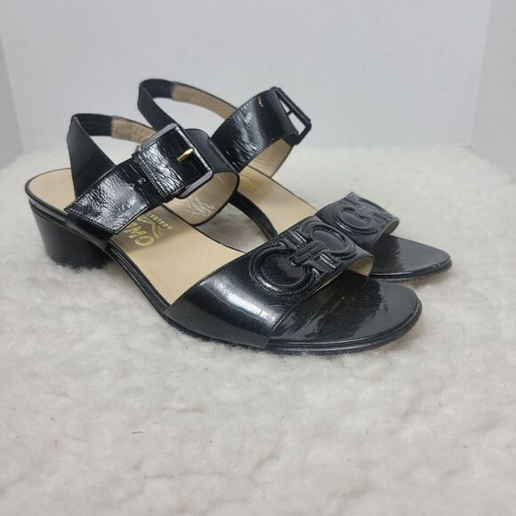 Salvatore Ferragamo Women's Slingback Shoes  Size 8 C Black Patent Block Heel - Picture 1 of 11